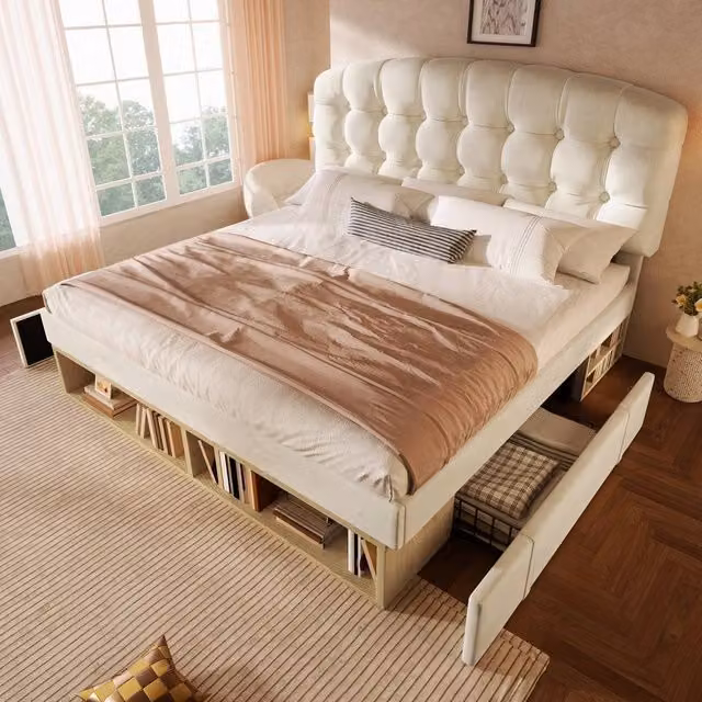 Matteo Beige Velvet Upholstered King Bed Frame with Storage Drawers W: 150 cm, D: 200 cm, H: 120 cm – 1
