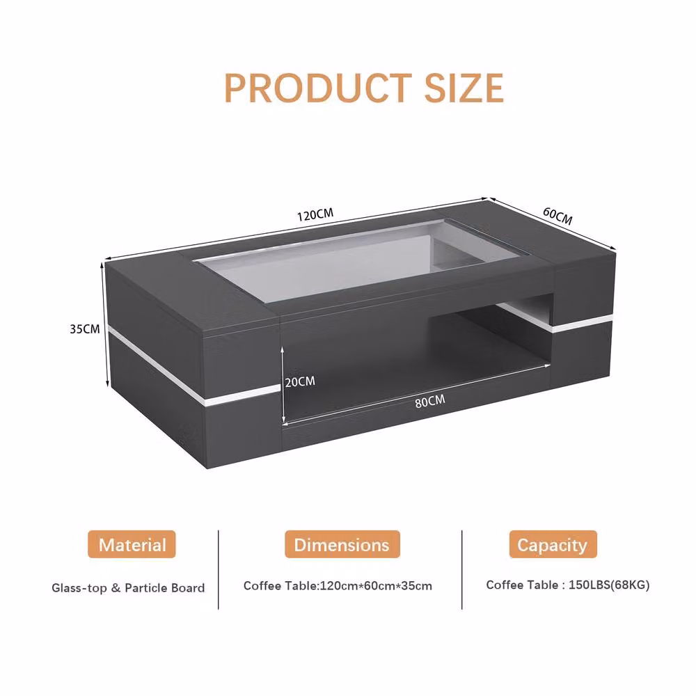 KEEPREAPER Modern Rectangular Coffee Table with Glass Top and Storage in Black – 3