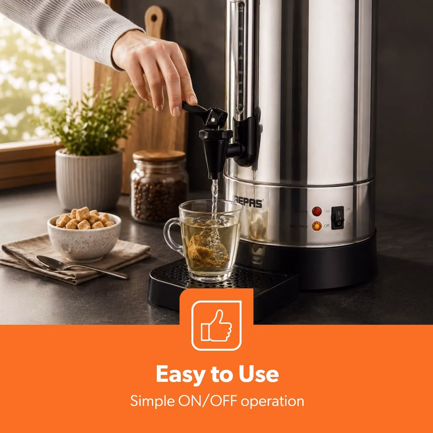 Geepas 20L Hot Water Dispenser Catering Urn, 1650W Stainless Steel Tea and Coffee Boiler with Keep Warm Function in Silver – 4