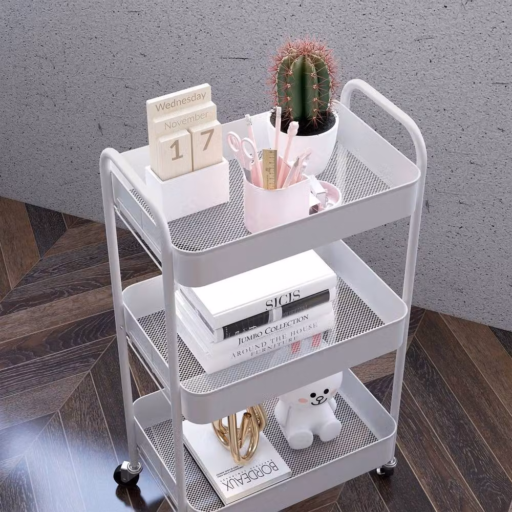 NESTLUNE 3 Tier Rolling Utility Cart with 3 Mesh Baskets, White, W/D/H: 100 x 15 cm – 4