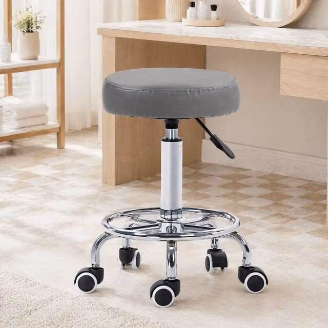 STILVORA Adjustable Rolling Stool with Castors in Grey Synthetic Leather