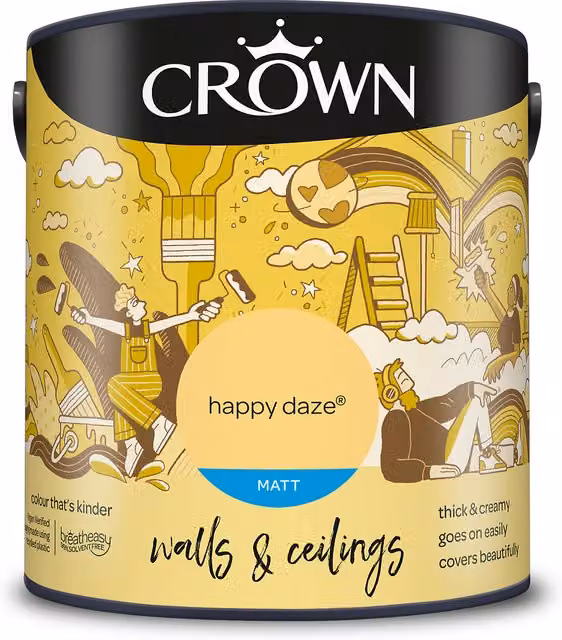 Crown Happy Daze Matt Emulsion Wall and Ceiling Paint, Yellow, Solvent-Free and Allergy-Friendly