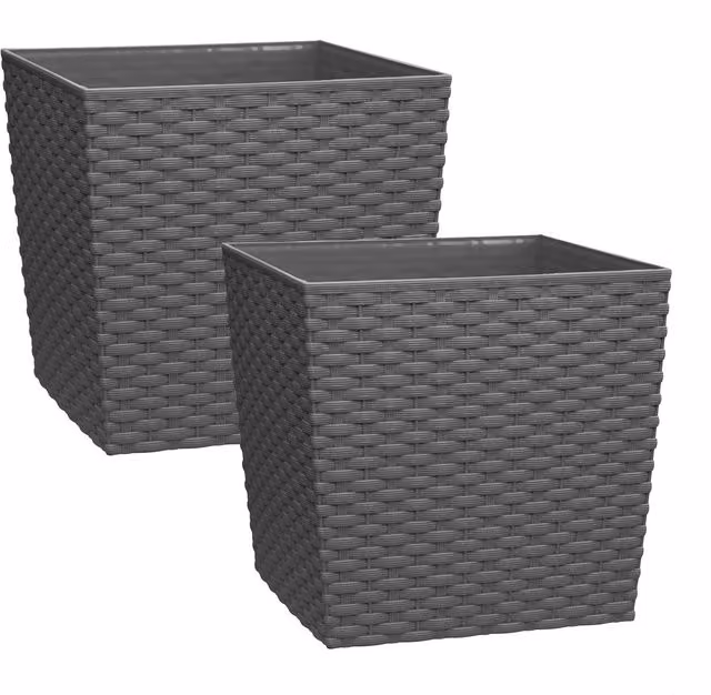Simpa Cubie Rattan Plastic Planter Tubs, Set of 2, Grey, 10 Litre