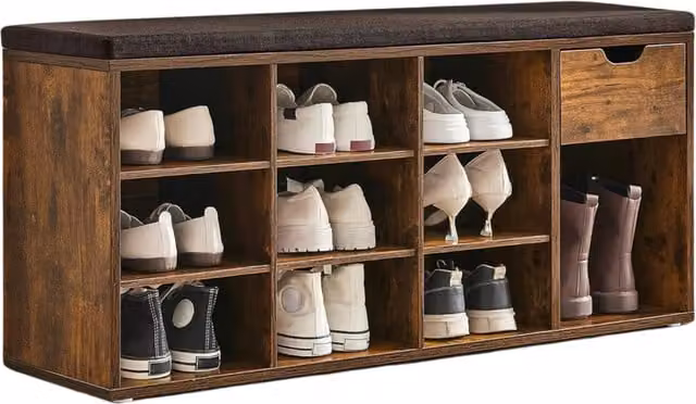 Furnold Industrial Rustic 10 Compartment Shoe Storage Bench in Brown