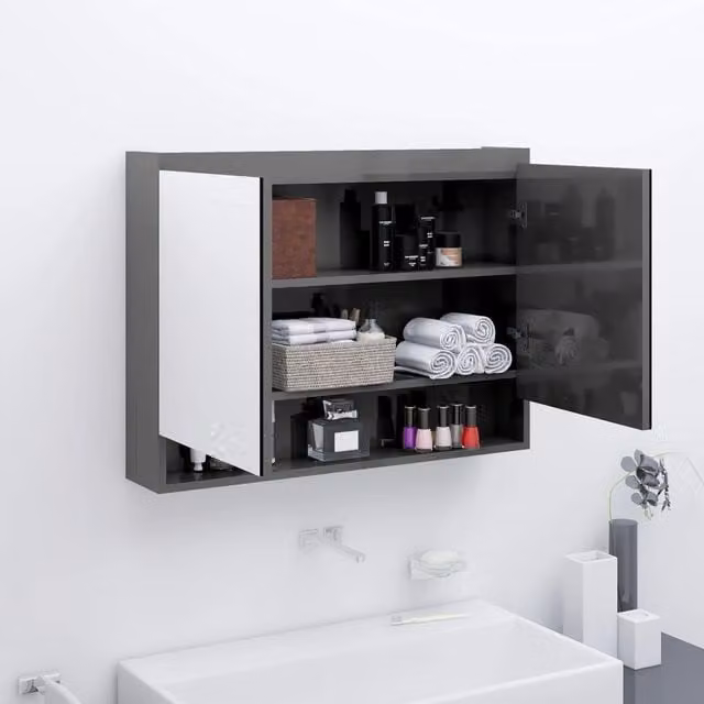 Berkfield Home Modern Glossy Grey Bathroom Mirror Cabinet, W: 80 cm, H: 60 cm, D: 15 cm
