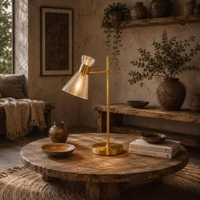 Wyld Haus Saha Modern Gold Table Lamp with Adjustable Flower Head and Amber Glass Shade