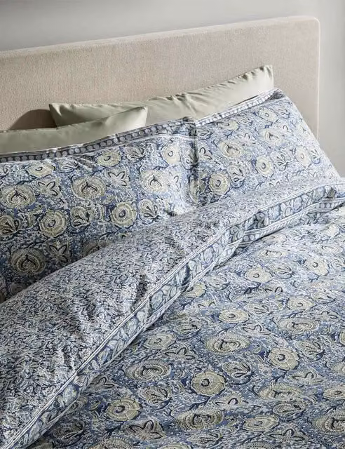M&S Pure Cotton Floral Woodblock Bedding Set, Blue Mix, W: 140 cm, L: 200 cm