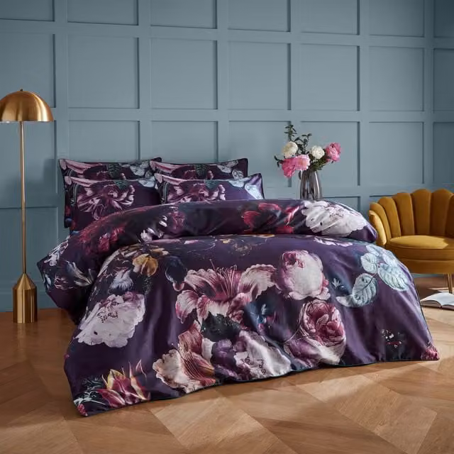 Make it a Home Romantic Bloom Reversible Floral Cotton Duvet Cover Set, Multicolour/Purple, W: 140 cm, L: 200 cm
