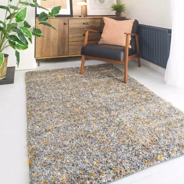 The Rug House Modern Abstract Shaggy Area Rug in Yellow and Grey, W: 150 cm, D: 80 cm