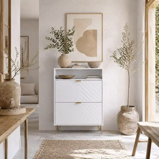 Wyld Haus Notafa White and Gold Modern Shoe Cabinet with Tilting Compartments, H 110 x W 80 x D 32 cm
