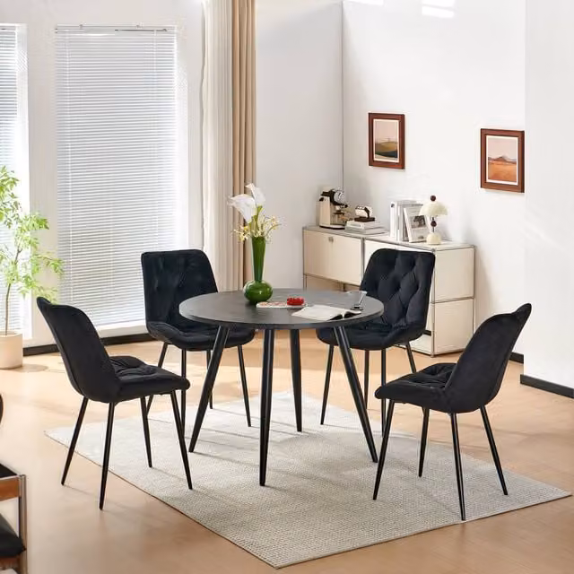 SONARA Modern Round Black Marble Dining Table and 4 Velvet Chairs Set