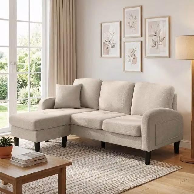 BTM L-Shaped 3-Seater Reversible Corner Sofa in Grey or Beige Fabric with Scatter Cushions