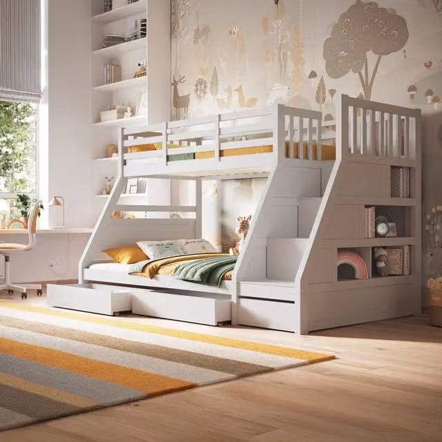 Flair Furnishings Lunar Triple Bunk Bed with Stairs and Drawers in White and Grey