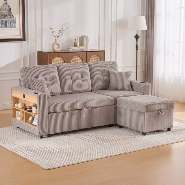 STILVORA Modern Upholstered Sofa Bed in Grey with USB Charging, LED Lighting and Storage Drawer