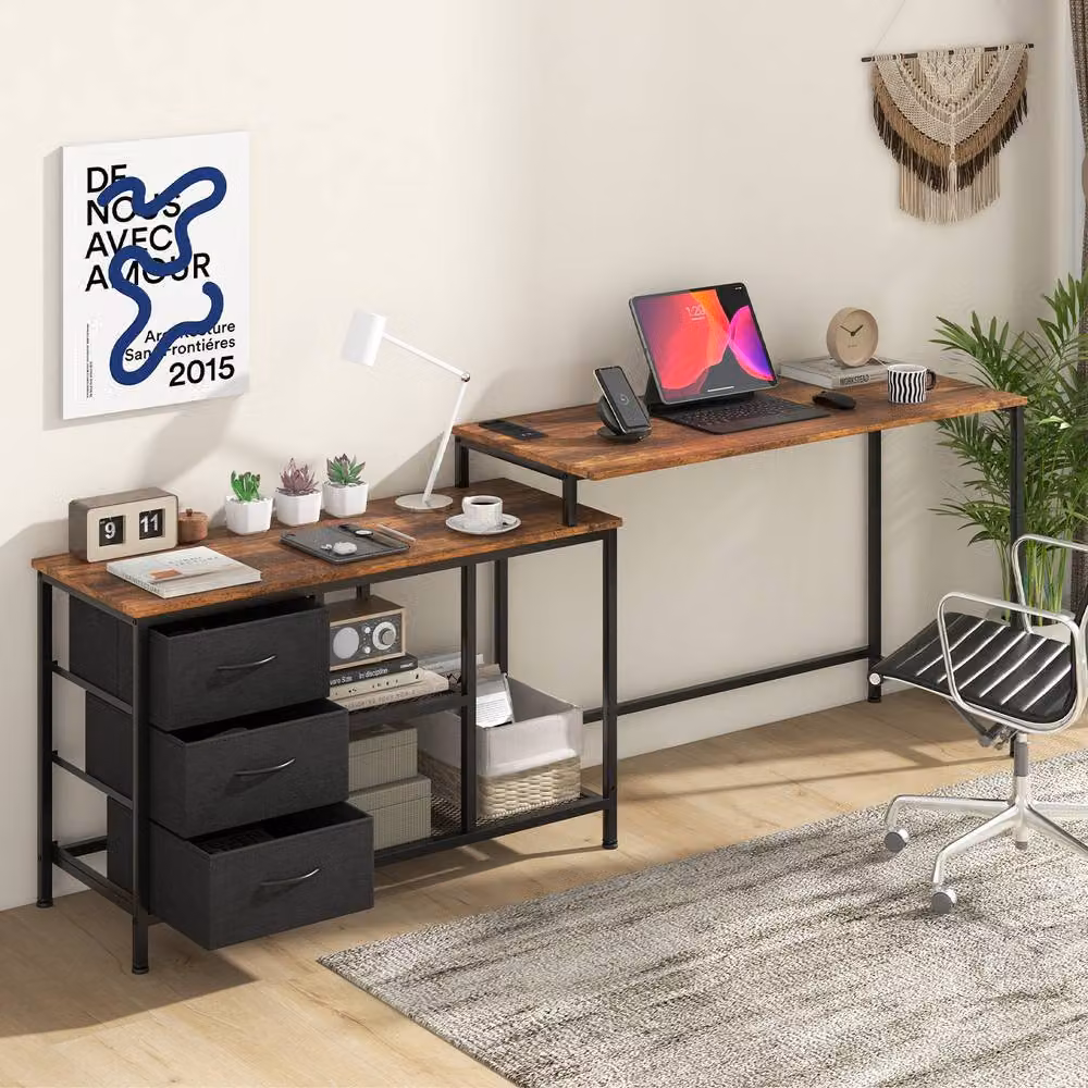 Costway L-Shaped Corner Computer Desk with 3 Drawers in Brown Industrial Style – 2
