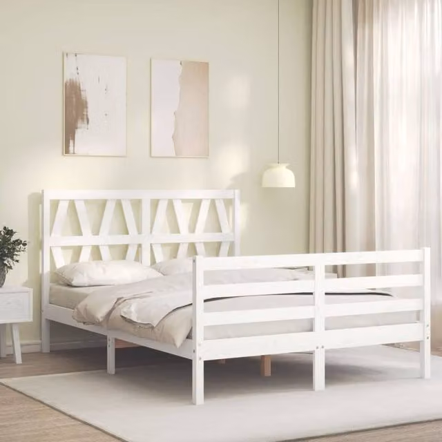 Berkfield Home Beautiful Bed Frame with Headboard in White Solid Pine Wood W/D/H: 120 x 200 x 125.5 cm