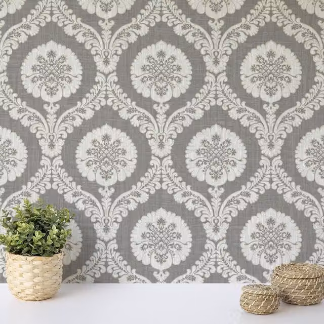 Wallquest Caspia Traditional Damask Floral Botanical Wallpaper in Silver, White and Grey