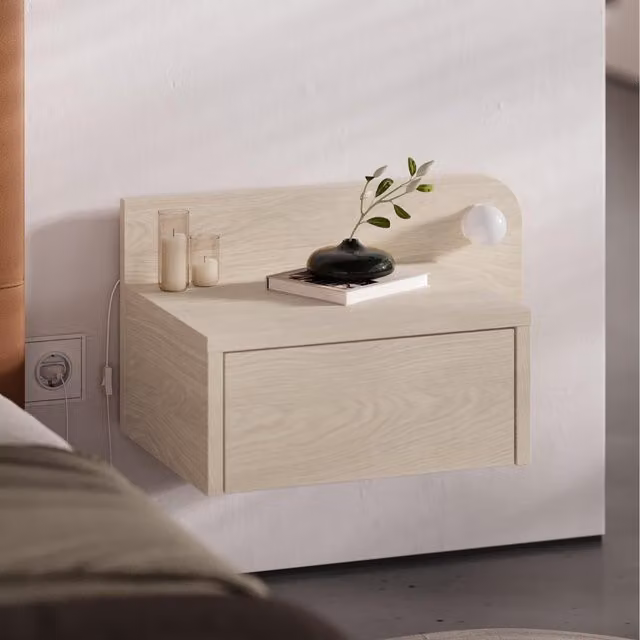 Decortie Dotta Modern Wall Mounted Bedside Table with Integrated Lighting in Oak