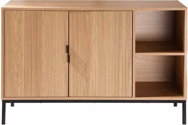 CALICOSY 2-Door Sideboard with 2 Open Niches, Grooved Wood Effect in Light Brown, W: 110 cm, D: 40 cm, H: 72 cm