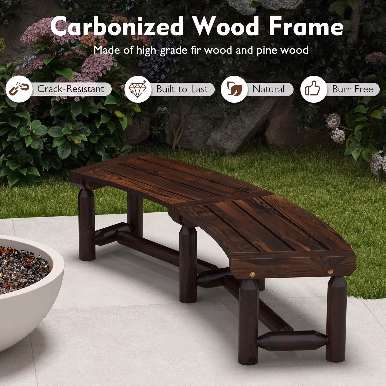Costway Brown Carbonised Pine Wood Curved Garden Bench and Patio Loveseat – 7