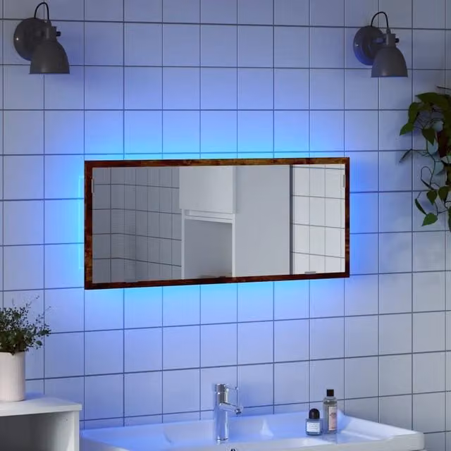 Berkfield Home LED Bathroom Mirror in Smoked Oak Brown, W/D/H: 100 x 8.5 x 37 cm – 1
