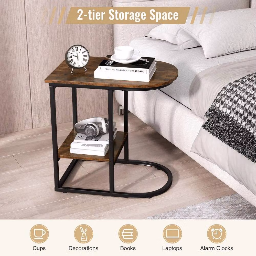 KORVIXA Modern C-Shaped Sofa Side Table in Brown – 2
