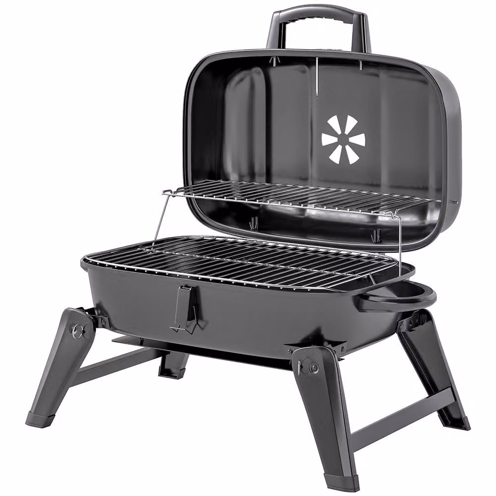 Rolipo Black Folding Charcoal Kettle BBQ Grill with Thermometer and Warming Rack – 2