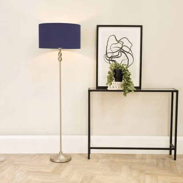 ValueLights Maggie Brushed Chrome Silver Floor Lamp with Navy Blue Fabric Drum Shade, H 151 cm x W 45 cm x D 45 cm