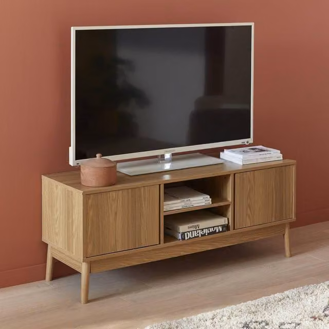 Sweekeec Scandinavian Style Wooden Effect TV Unit with 2 Doors in Light Brown, Width: 120 cm – 1