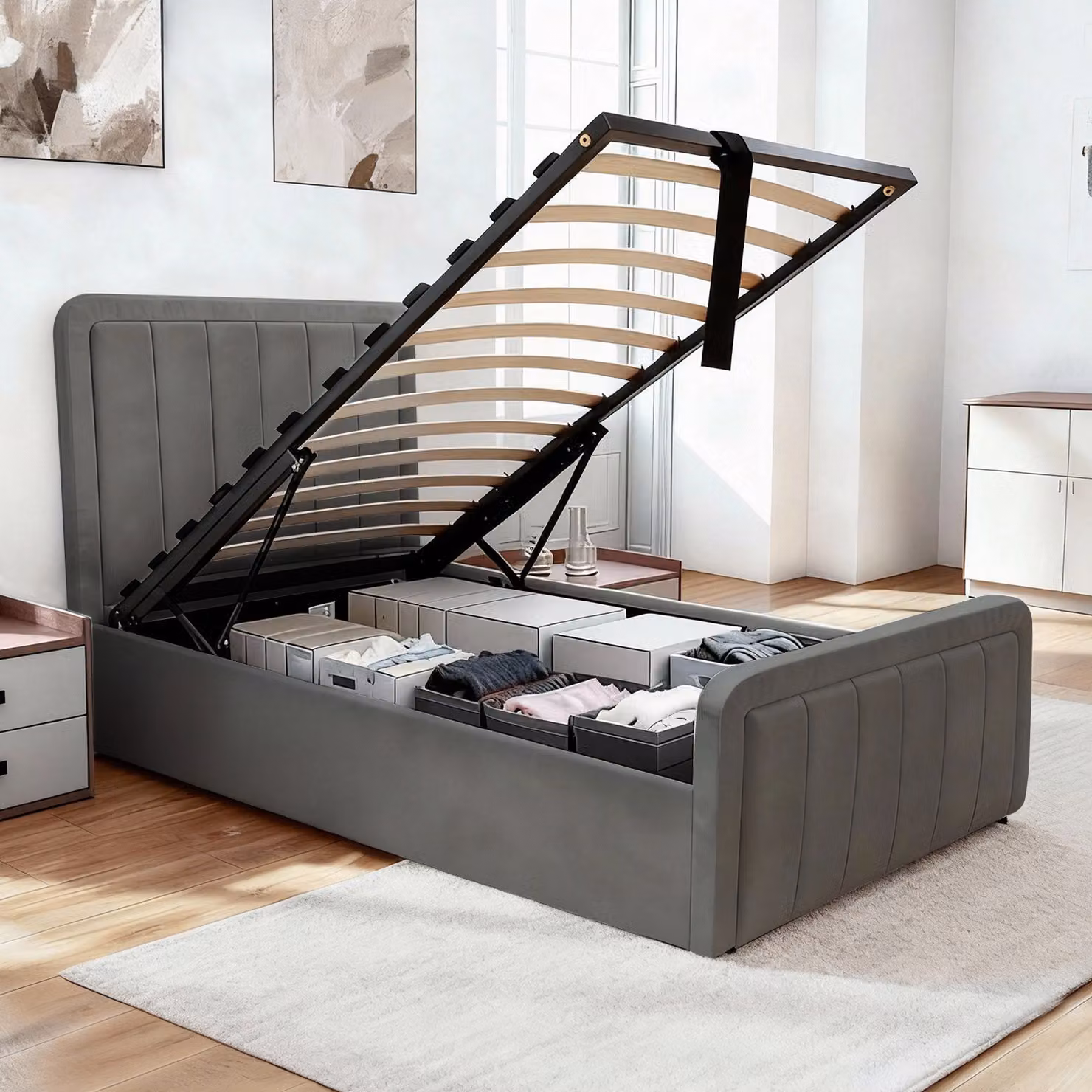 Comfy Living Modern Velvet Ottoman Bed Frame with Lift Up Base, Grey, W/D/H: 90 x 200 cm – 2