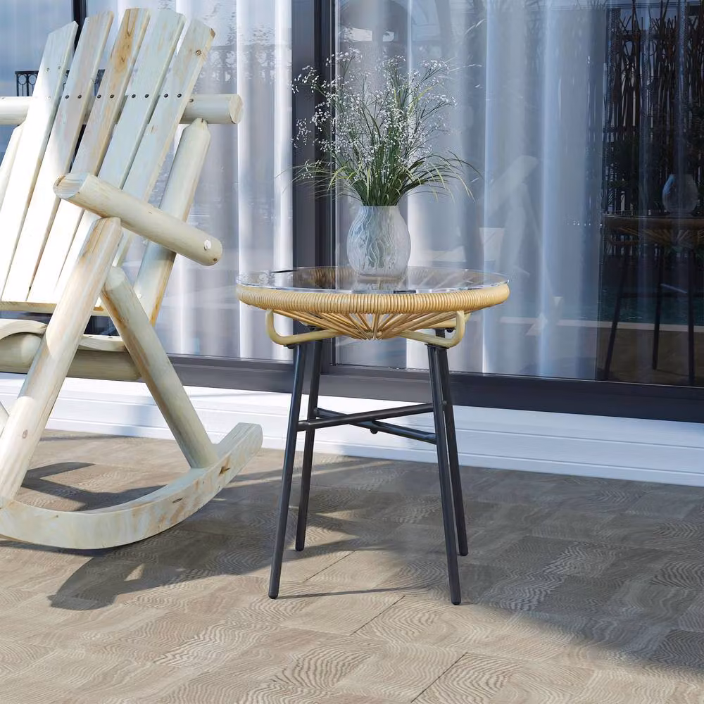 ERGOVEXA Modern Beige Polyrattan Garden Side Table with Glass Top – 4