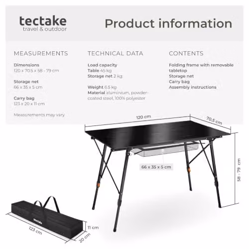 tectake Folding Camping Table in Black, Height-Adjustable and Portable with Storage Net, W/D/H: 120 x 70.5 x 58-79 cm – 2