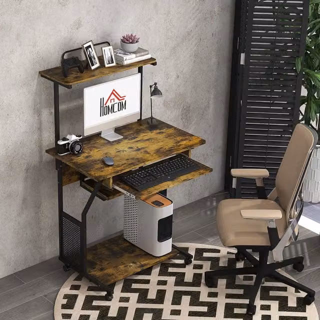 HOMCOM Mobile Computer Desk with Keyboard Tray in Brown