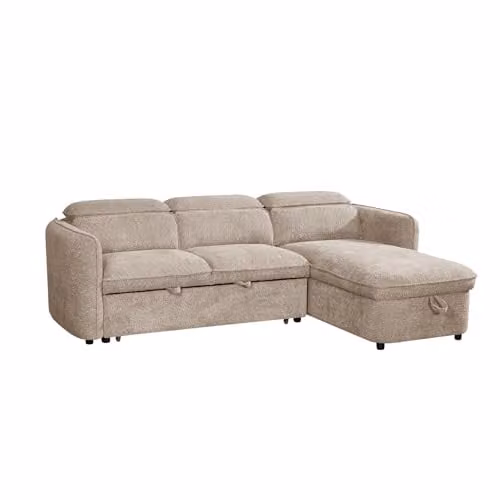 Beehive Furniture Corfu Reversible L-Shape Corner Sofa Bed in Beige Fabric with Adjustable Headrest and Pull Out Drawer
