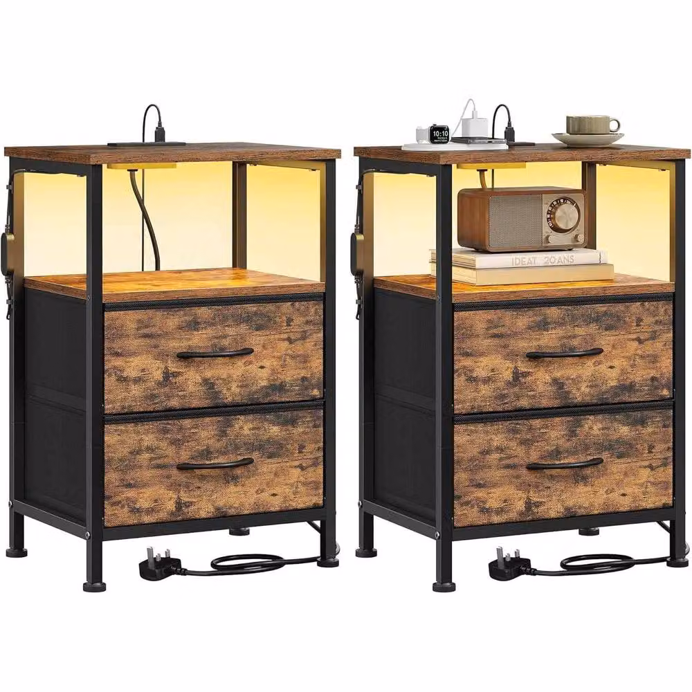The Bazaarist Set of 2 Modern Brown Wood Bedside Tables with Integrated LED Lighting and Charging Station – 2