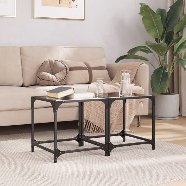 Berkfield Home Modern Coffee Table Set with Black Glass Top and Steel Frame, 2 Pieces, W/D/H: 40 x 40 x 40 cm