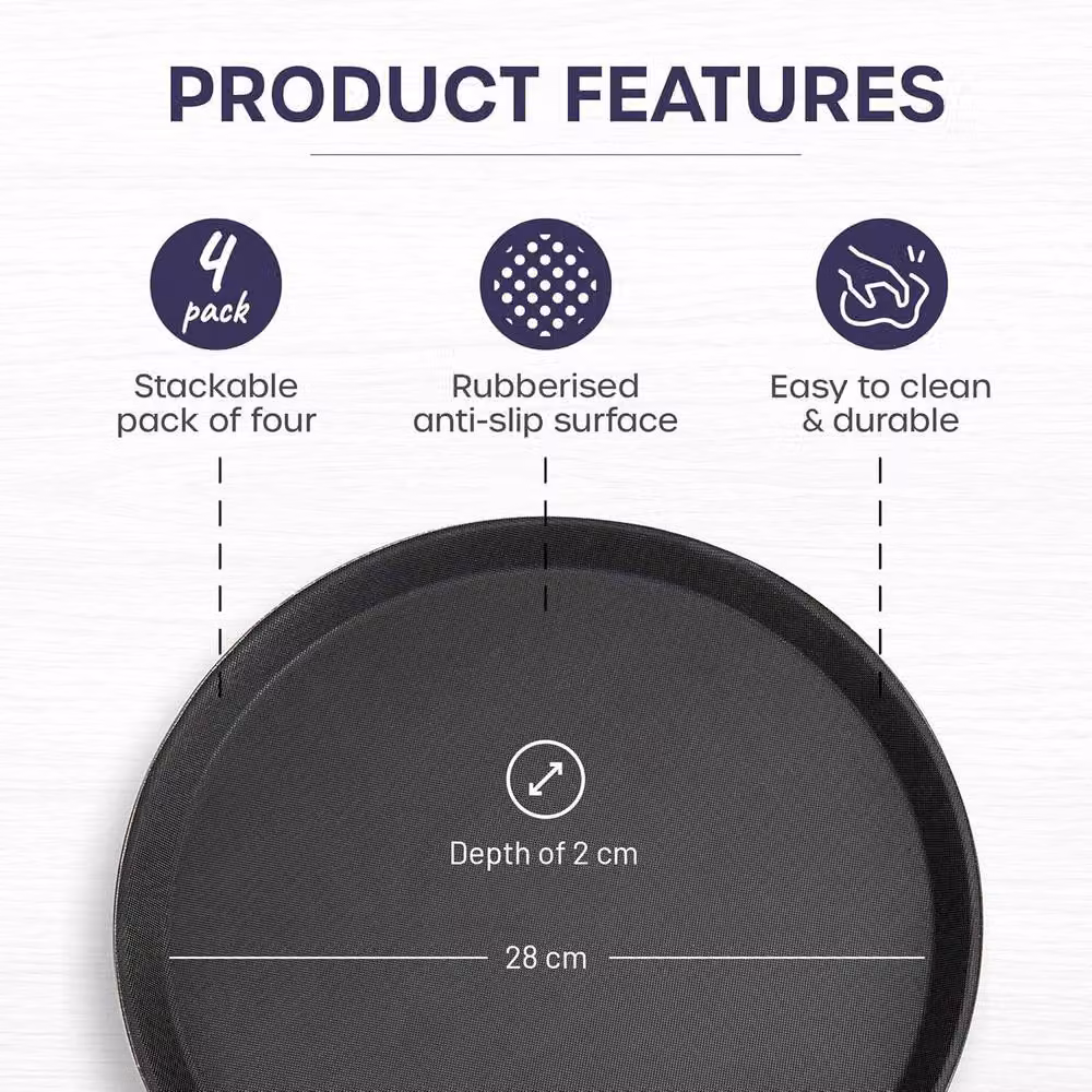 Volila Black Round Non-Slip Tray, Pack of 4, Diameter: 28 cm – 2