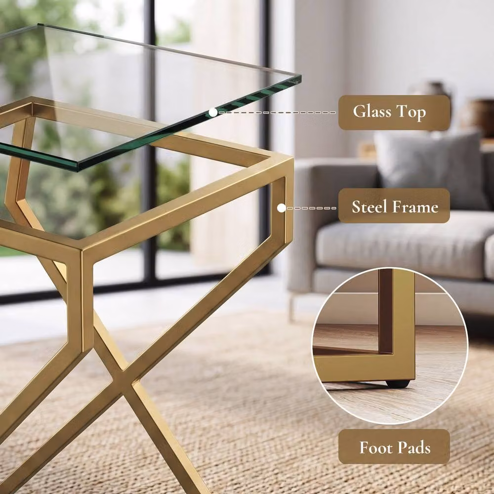 HOMCOM Modern Nest of 2 Side Tables with Transparent Glass Tops and Gold Metal Frames – 4