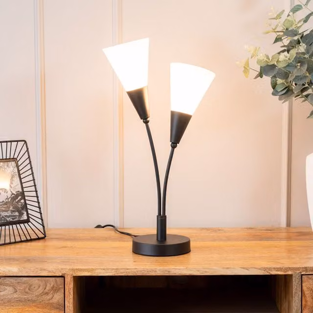 ValueLights Kristina 2 Way Metal Uplighter Table Lamp with Black Base and Frosted White Glass Shade
