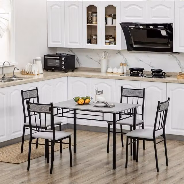 HOMCOM Modern Dining Table and 4 Chairs Set with Marble Effect Top and Padded Seats in Grey – 1