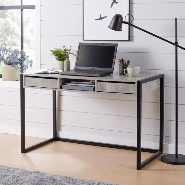 Home Source Toronto Industrial Computer Desk with 2 Drawers in Grey Concrete