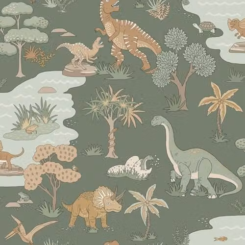 Holden Decor Dino Zoo Dinosaur Themed Wallpaper in Green for Childrens Bedrooms and Nurseries
