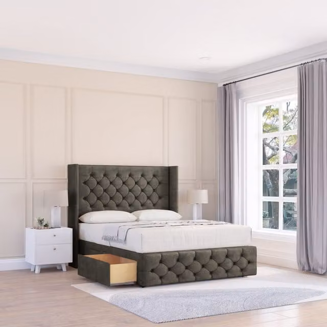 Sloomy Luthor Dumfries Wingback Bed Set with 2 Drawers and Floor Standing Headboard in Dark Grey Velvet, Size: 180 x 200 cm