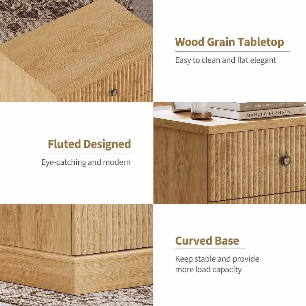 VOGREX Modern 2-Drawer Wooden Bedroom Bedside Cabinet in Light Oak and Brown – 3