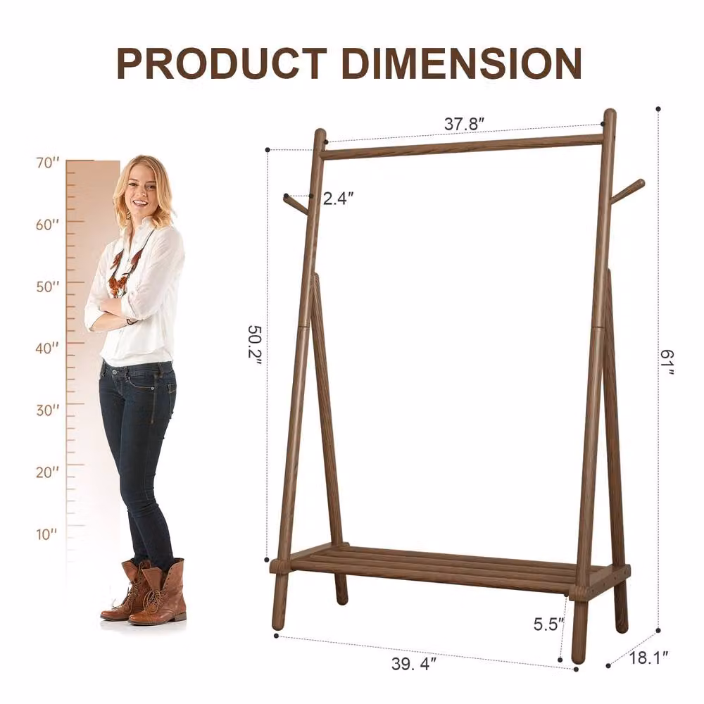 YQJJGL Mobile Rolling Clothes Rack with Hanging Rod and Storage Shelves in Walnut Wood and Metal – 3