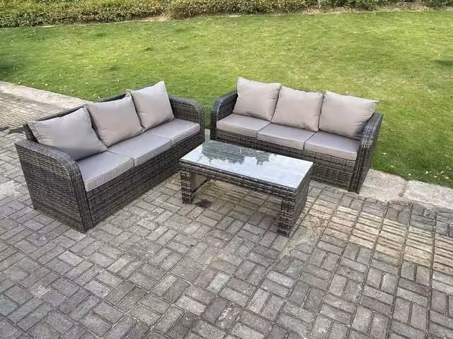 Fimous 6 Seater High Back Rattan Garden Furniture Set with 3 Seater Sofa and Coffee Table in Dark Grey