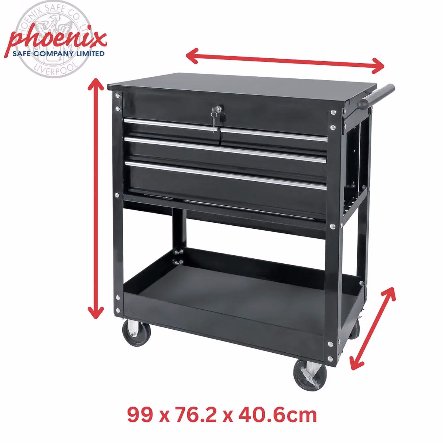 Phoenix Safe Company TC3316BK Portable Multifunctional Tool Cart with 3 Drawers and 1 Lockable Compartment, Black – 3