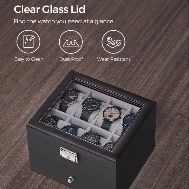 SONGMICS 2-Tier Lockable Watch Box with Glass Lid, Black