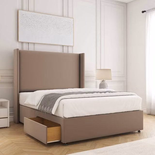 BSSPOKE Austin Small Double Divan Bed Set with 2 Drawers, Headboard and Mattress in Beige Plush Velvet, W/D/H: 120 x 200 cm