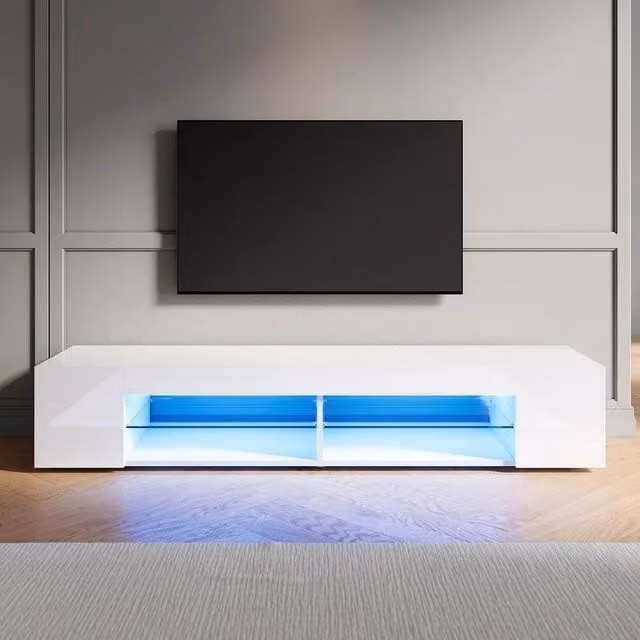 ERGOVEXA Modern White Glossy TV Stand Cabinet with Integrated LED Lights and Storage Shelves, W/D/H: 120 x 39 x 39 cm
